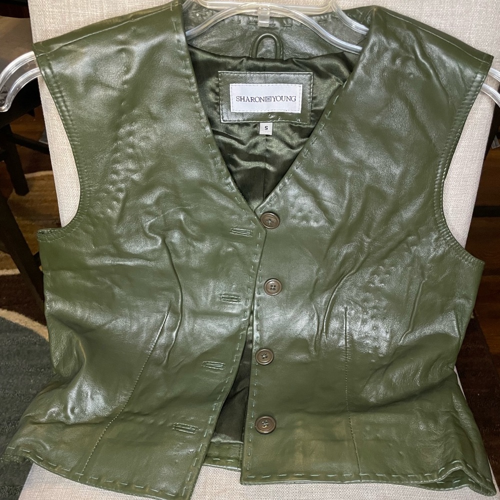 Sharon By Young Olive Green Leather Button Vest
